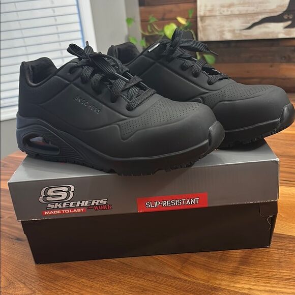 Skechers Work Slip Resistant Comp Toe Black Uno Deloney Utility Shoes Size 8.5 - Picture 1 of 12